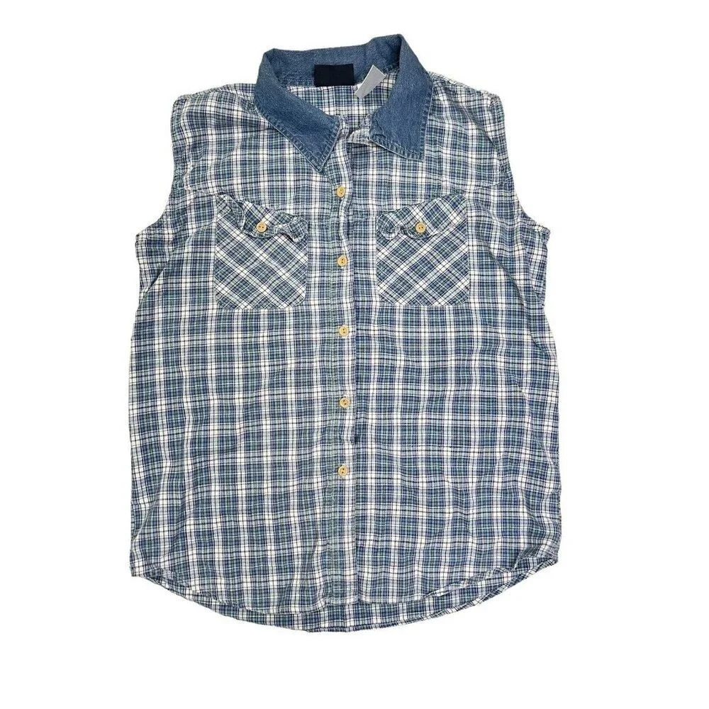 Vintage Faded Glory Sleeveless Shirt Womens Size Large Plaid Grunge Button Front